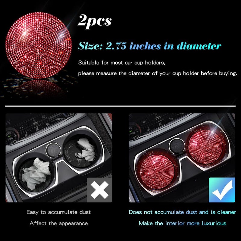 Murimt 2 PCS Universal Vehicle Bling Cup Holder Insert Coaster Car Interior Accessories,2.75 inch Silicone Anti Slip Crystal Rhinestone Car Coaster(Red) - Image 2